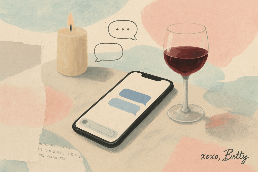 Ein Smartphone mit unbeantwortetem Chat liegt auf einem Tisch, daneben ein Glas Rotwein und eine brennende Kerze, umgeben von abstrakten Pastell-Collagen.