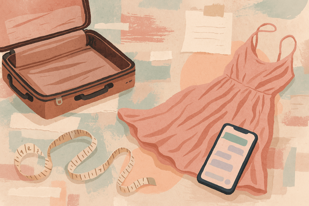 Offener Koffer auf einem Bett, daneben ein rosafarbenes Kleid, ein Maßband und ein Smartphone mit WhatsApp-Nachricht – Collage in sanften Pastelltönen, leicht chaotische, aber charmante Stimmung.