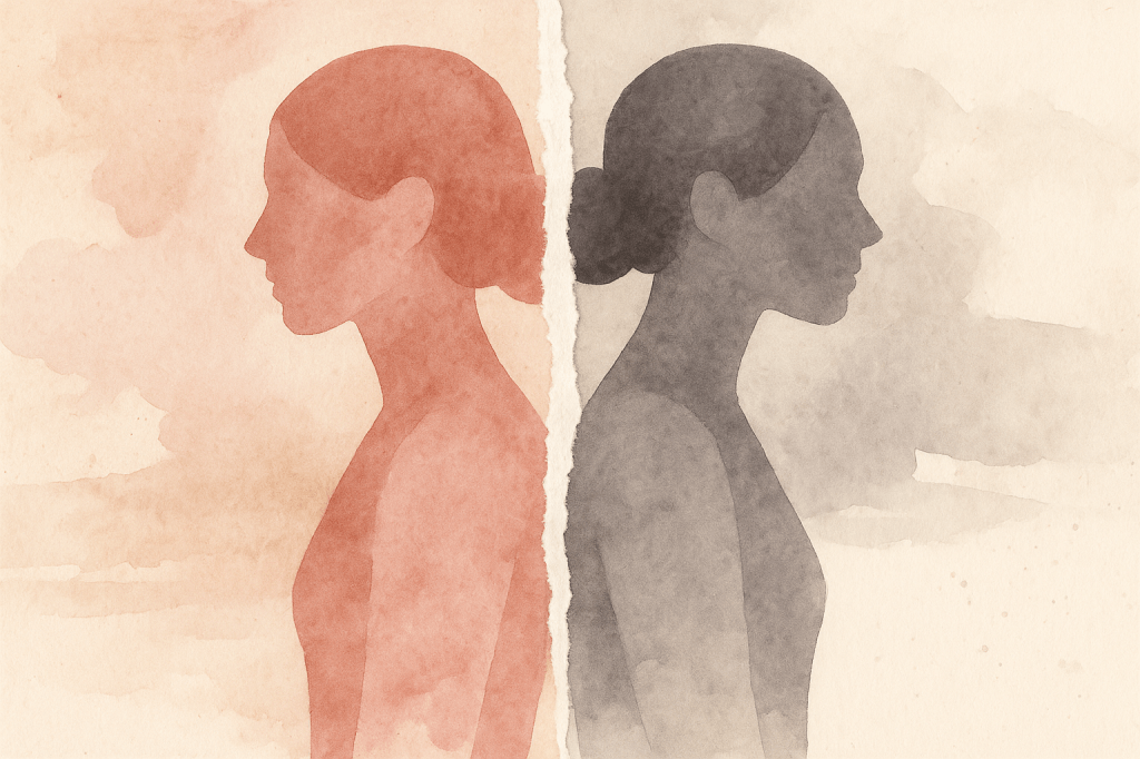 Abstrakte Mixed-Media-Collage mit zwei weiblichen Silhouetten, die Rücken an Rücken stehen, getrennt durch eine zarte Papierfalte. Farbpalette in Rosé, Grau und Beige, mit Texturen aus Aquarell, Papier und sanften Schatten.