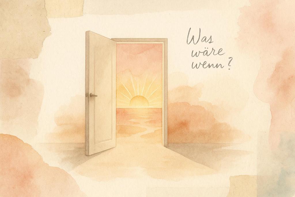 Abstrakte Mixed-Media-Collage im Querformat mit einer offenen Tür in weiter Landschaft. Dahinter leuchtet ein Sonnenaufgang in Rosé- und Goldtönen. Im Hintergrund der handschriftliche Schriftzug „Was wäre wenn?“ – kombiniert mit Aquarell- und Papierelementen.
