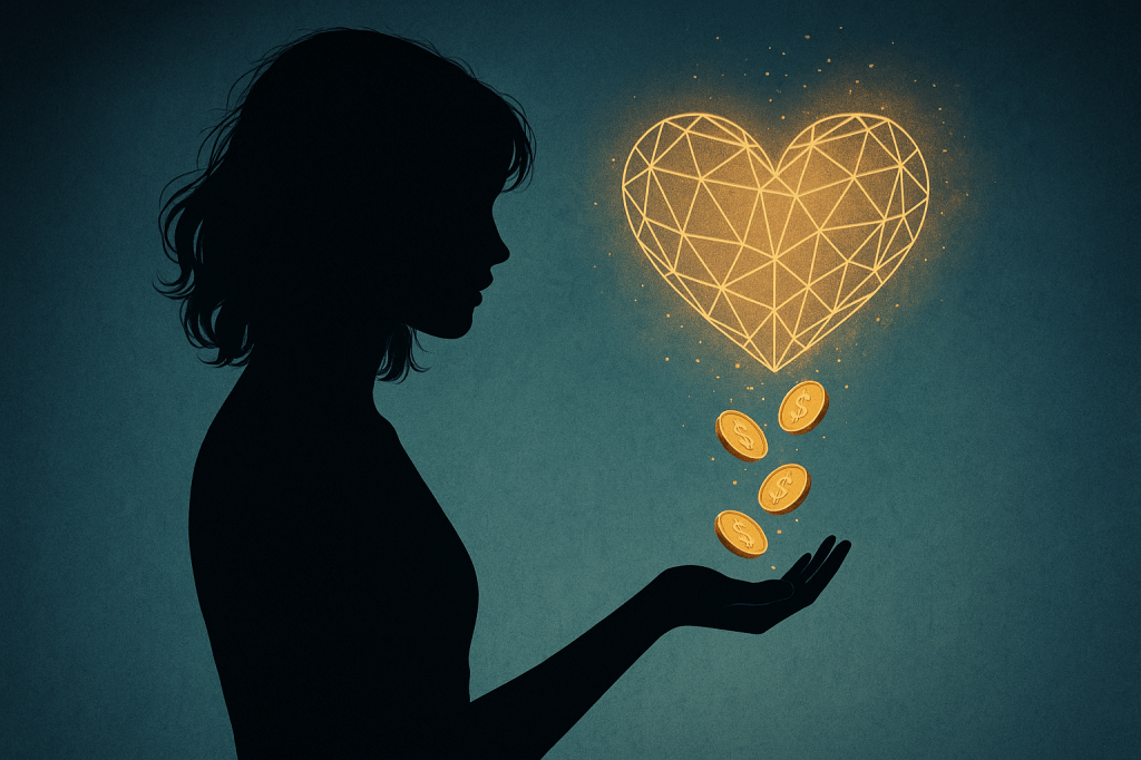 Silhouette einer Frau mit ausgestreckter Hand, aus der ein leuchtendes Herz goldene Münzen regnen lässt – Symbol für inneren Reichtum und Vertrauen ins Leben.