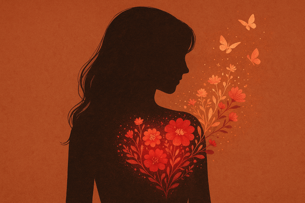 Silhouette einer Frau mit langen Haaren vor terrakottafarbenem Hintergrund, aus deren Herzbereich ein floraler Garten mit Blüten und Schmetterlingen leuchtet