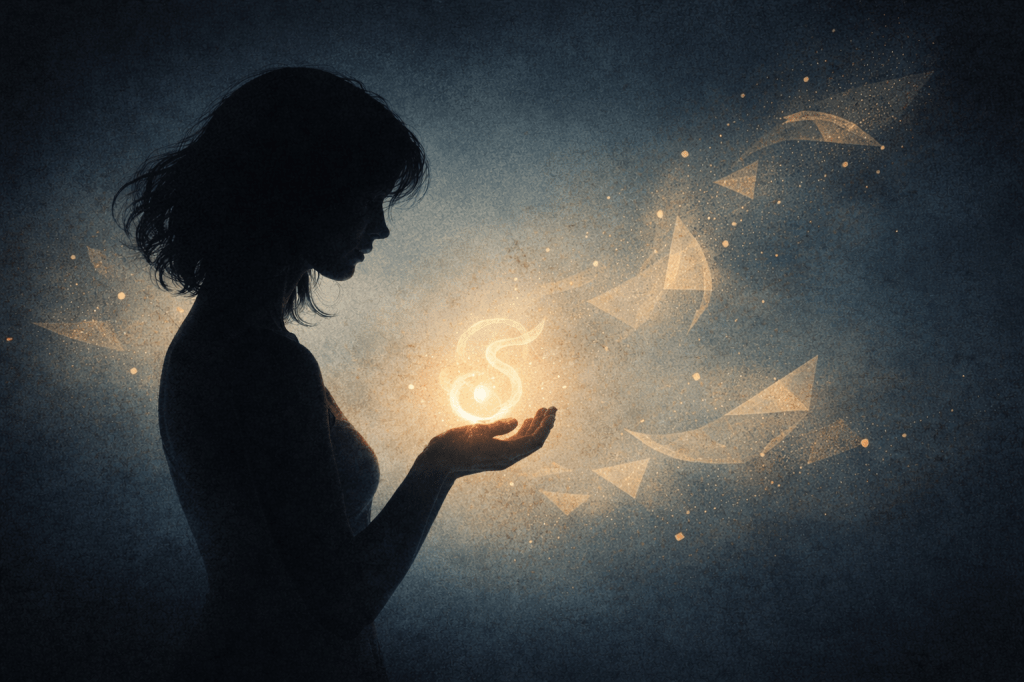 Symbolische Illustration einer weiblichen Silhouette vor dunklem Hintergrund, umgeben von sanft leuchtenden, fragmentierten Formen in Goldtönen als Metapher für innere Kreativität und Selbstentfaltung.