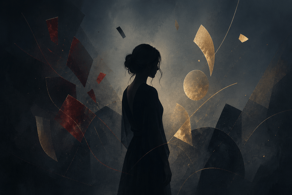 Symbolische Illustration einer weiblichen Silhouette mit abstrakten Formen in dunklen Farben als Metapher für Red Flags, Selbstwert und Dating in den 30ern.